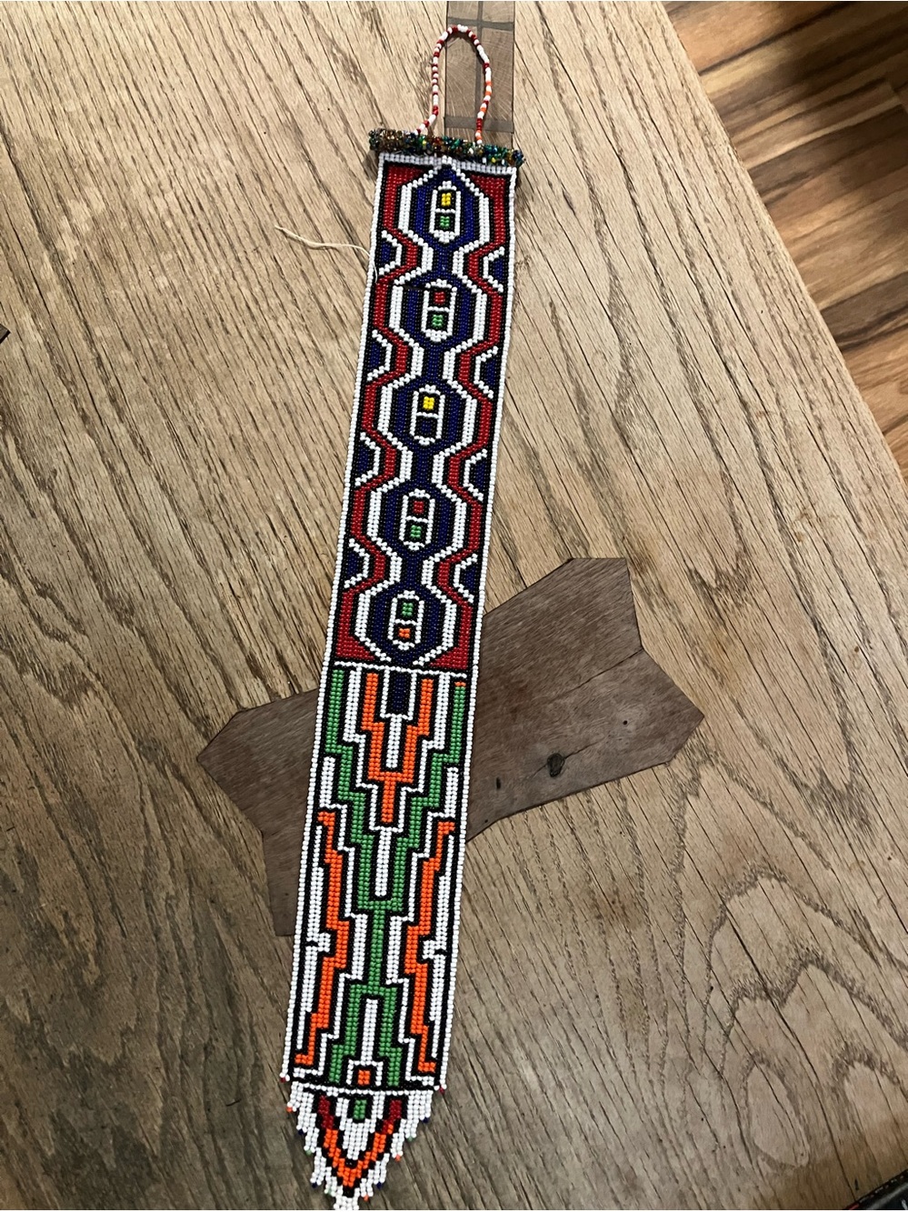 Handcrafted Beaded Neck Strap in Red, Green, Orange & Blue